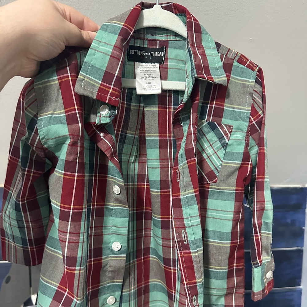 Red & Mint Plaid Button-Down Shirt for Kids